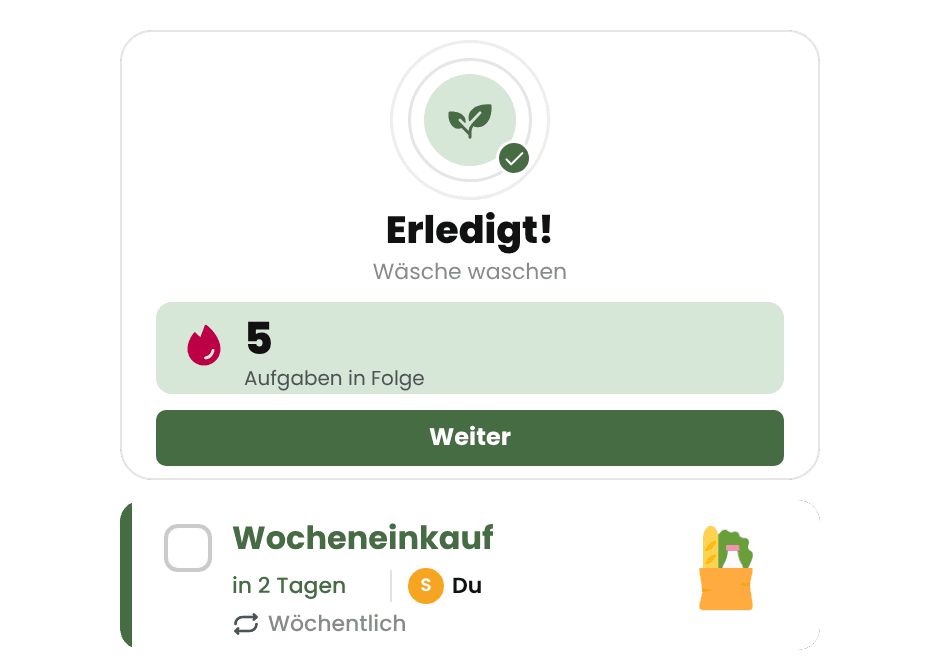 Erledigte Aufgabe mit Streak und wiederkehrendem Wocheneinkauf in Livo