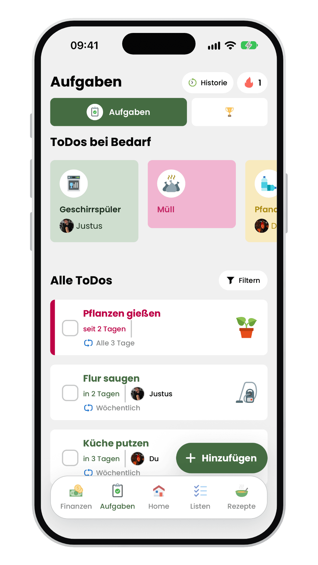 Livo-Aufgabenübersicht mit ToDos bei Bedarf, wiederkehrenden Aufgaben und Zuständigkeiten