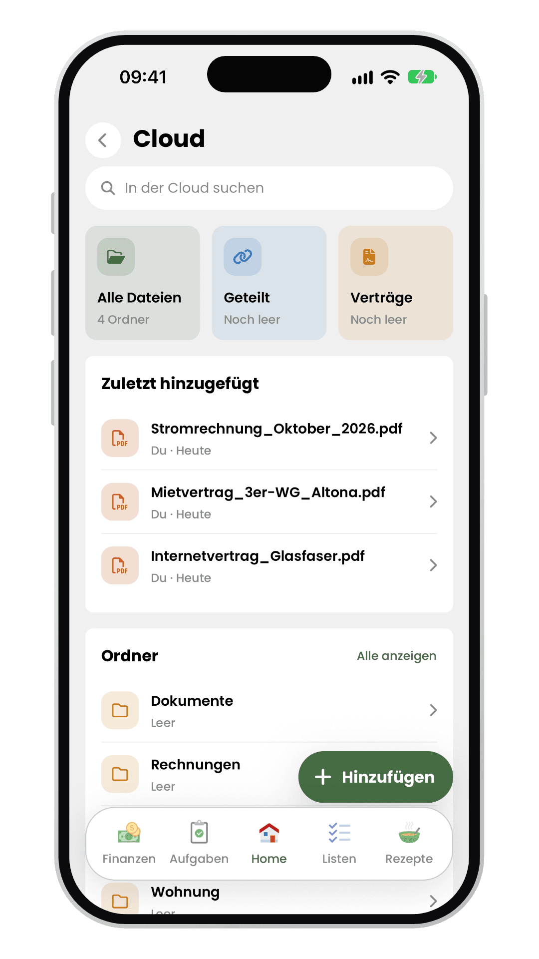 Livo-Cloud mit gemeinsamen Dokumenten, zuletzt hinzugefügten Dateien und Ordnern