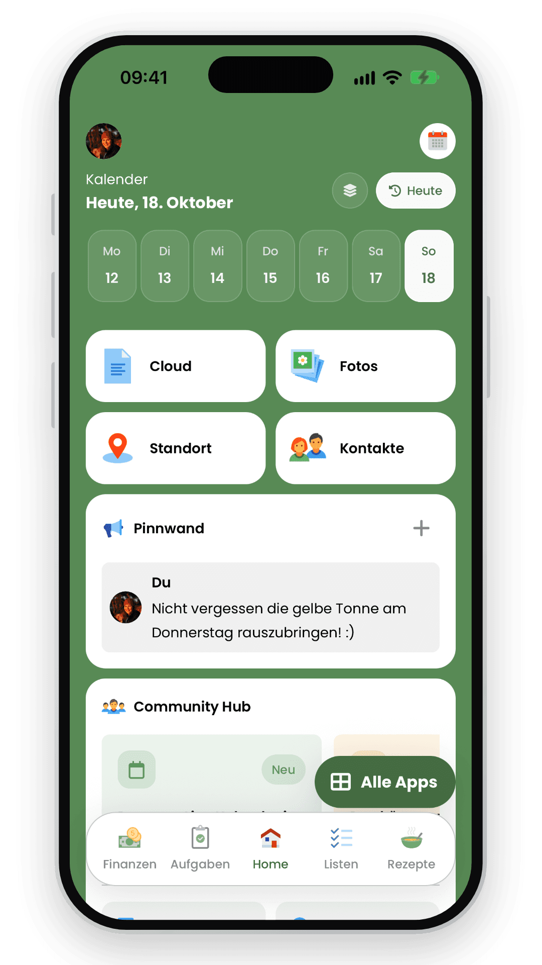 Livo-Startseite mit Kalender, Bereichskacheln und Pinnwand