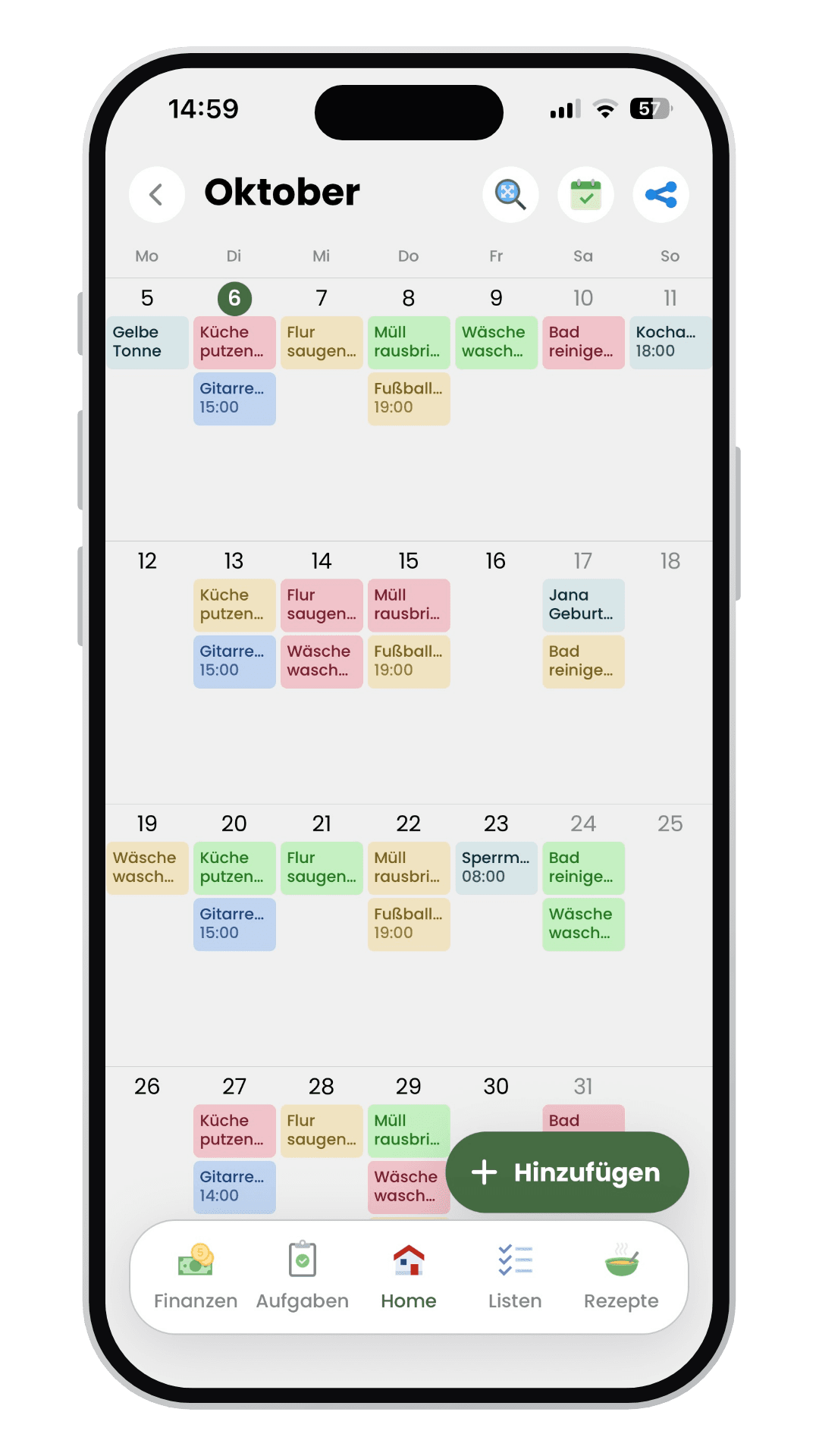 Livo-Kalender mit gemeinsamen Terminen und Haushaltsaufgaben in der Monatsübersicht