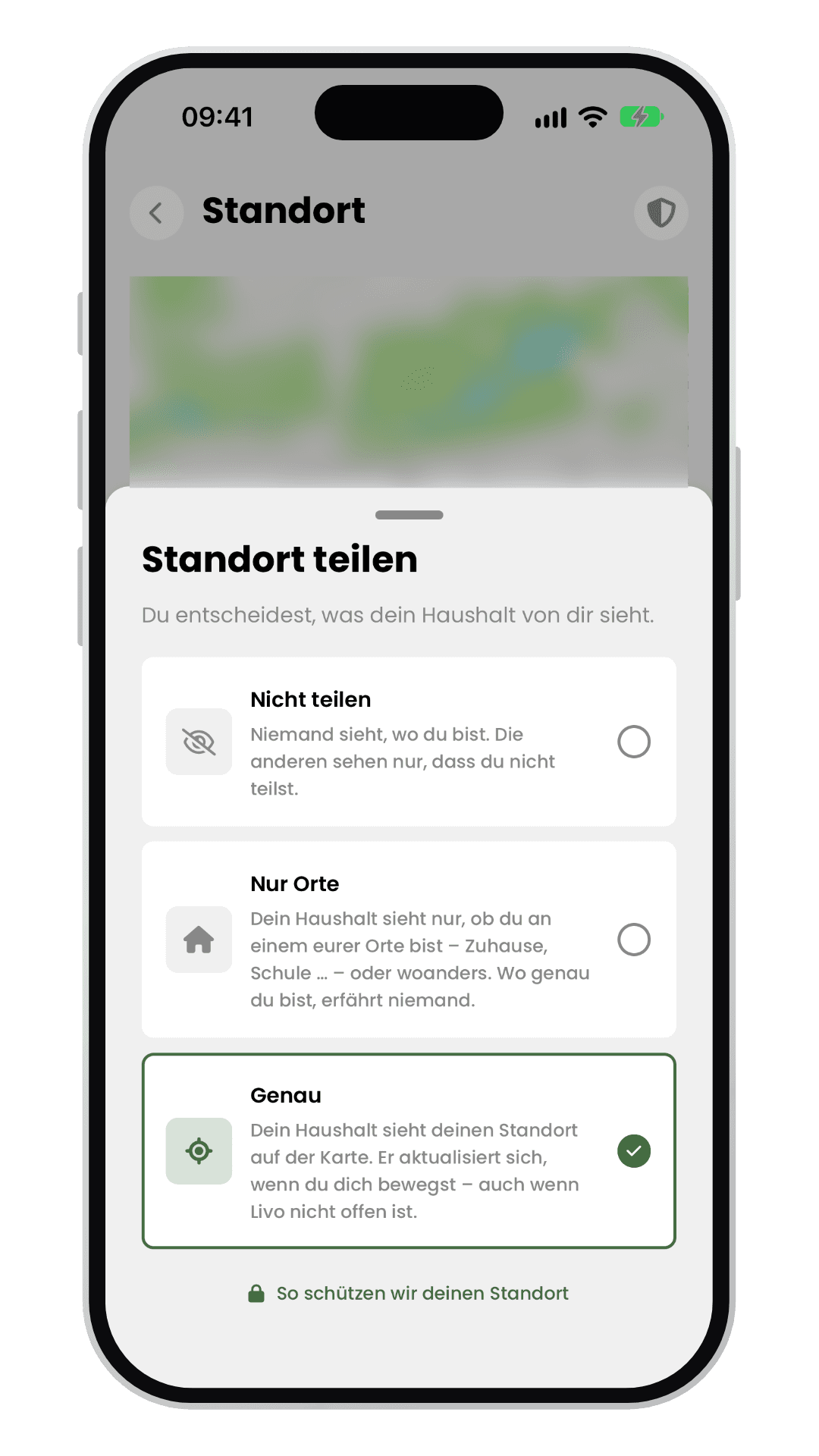 Livo-Standortfreigabe mit den Optionen Nicht teilen, Nur Orte und Genau