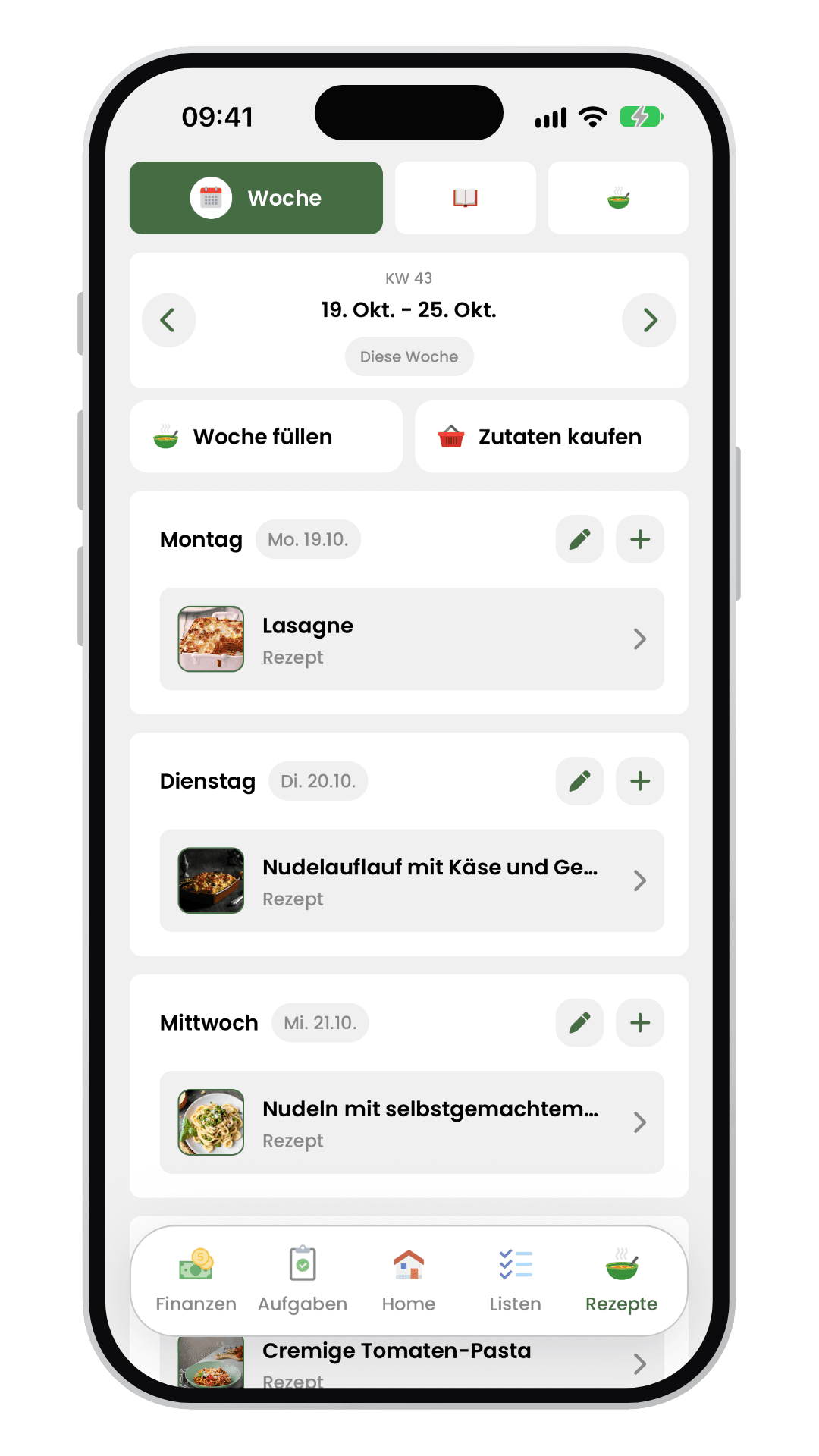 Livo-Wochenplan mit geplanten Rezepten und Funktionen zum Füllen der Woche und Einkaufen der Zutaten