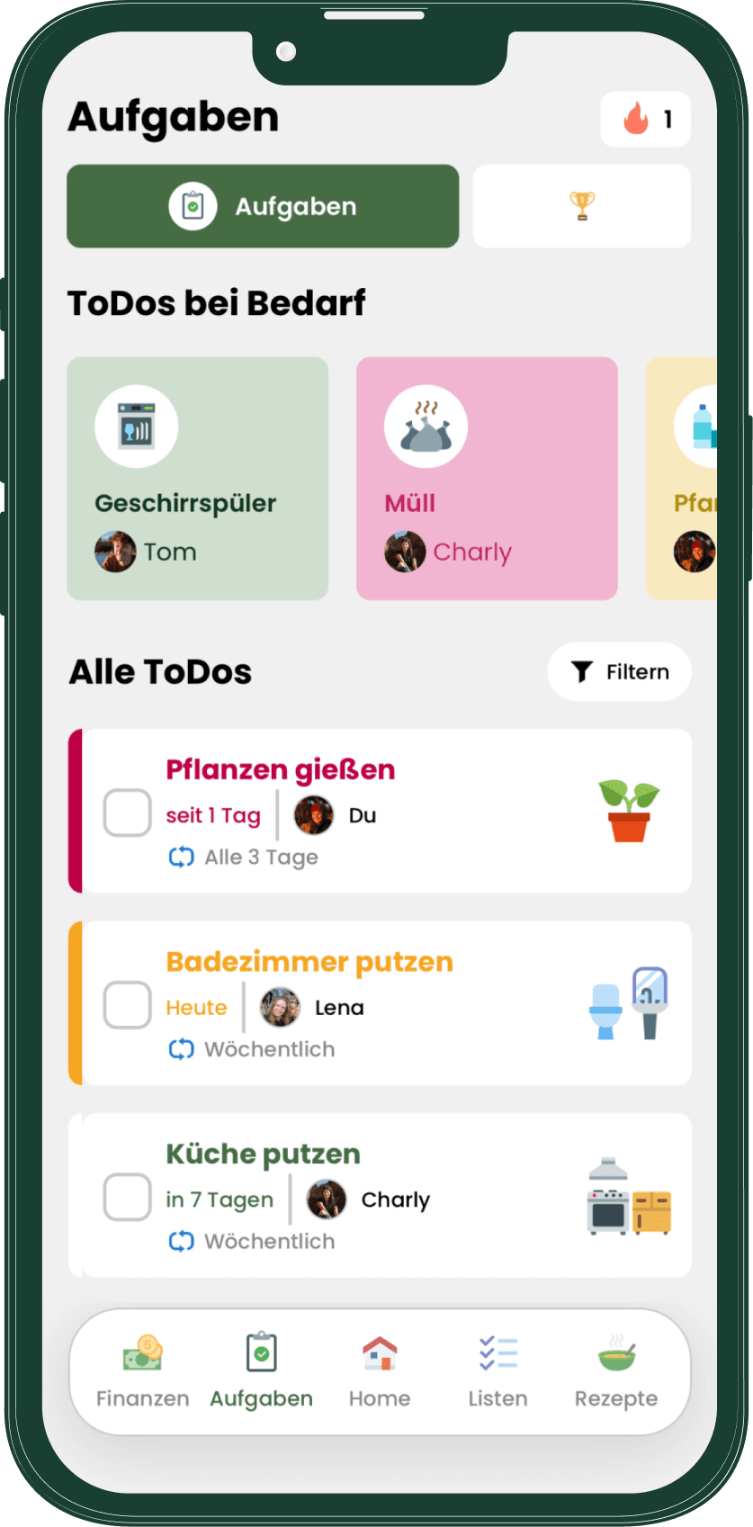 Livo Aufgabenansicht mit flexiblen ToDos und wiederkehrenden Aufgaben