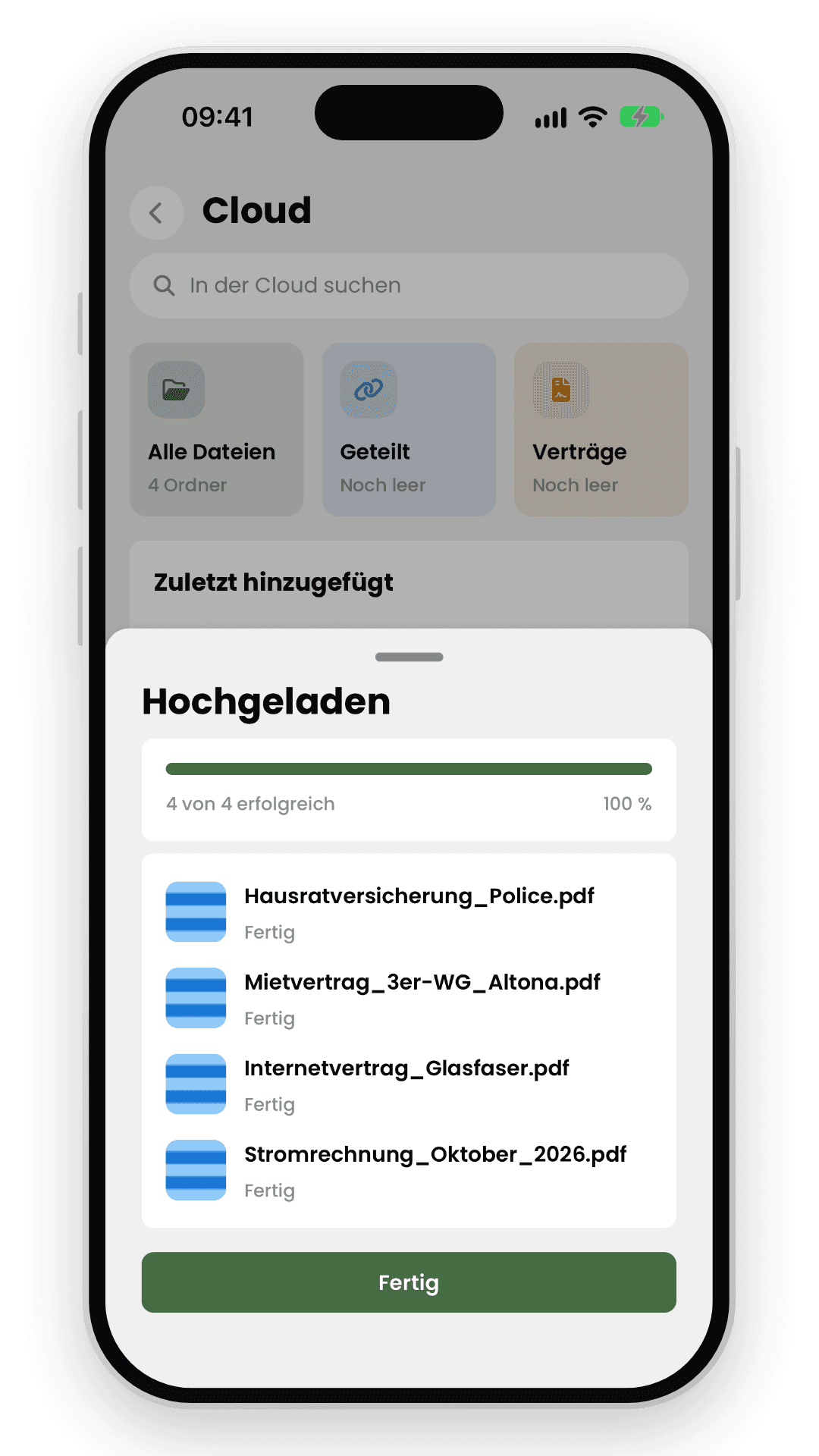 Livo-Cloud mit Fortschritt beim Hochladen mehrerer Dokumente