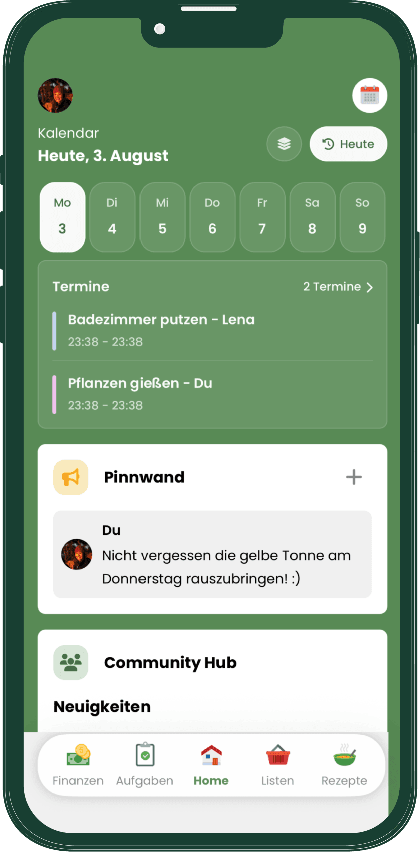 Livo Homescreen mit Kalender, Pinnwand und Community Hub