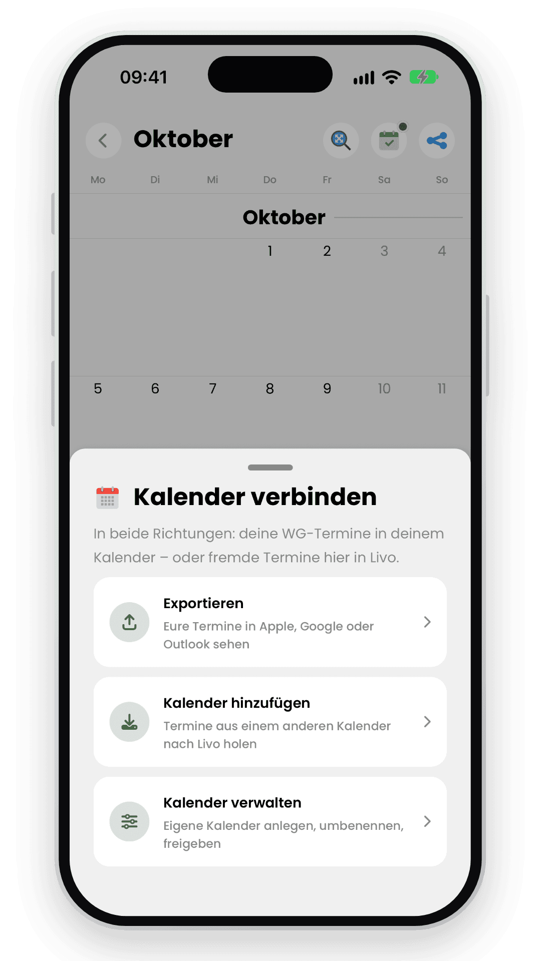 Livo-Auswahl zum Exportieren, Abonnieren und Importieren von Kalendern