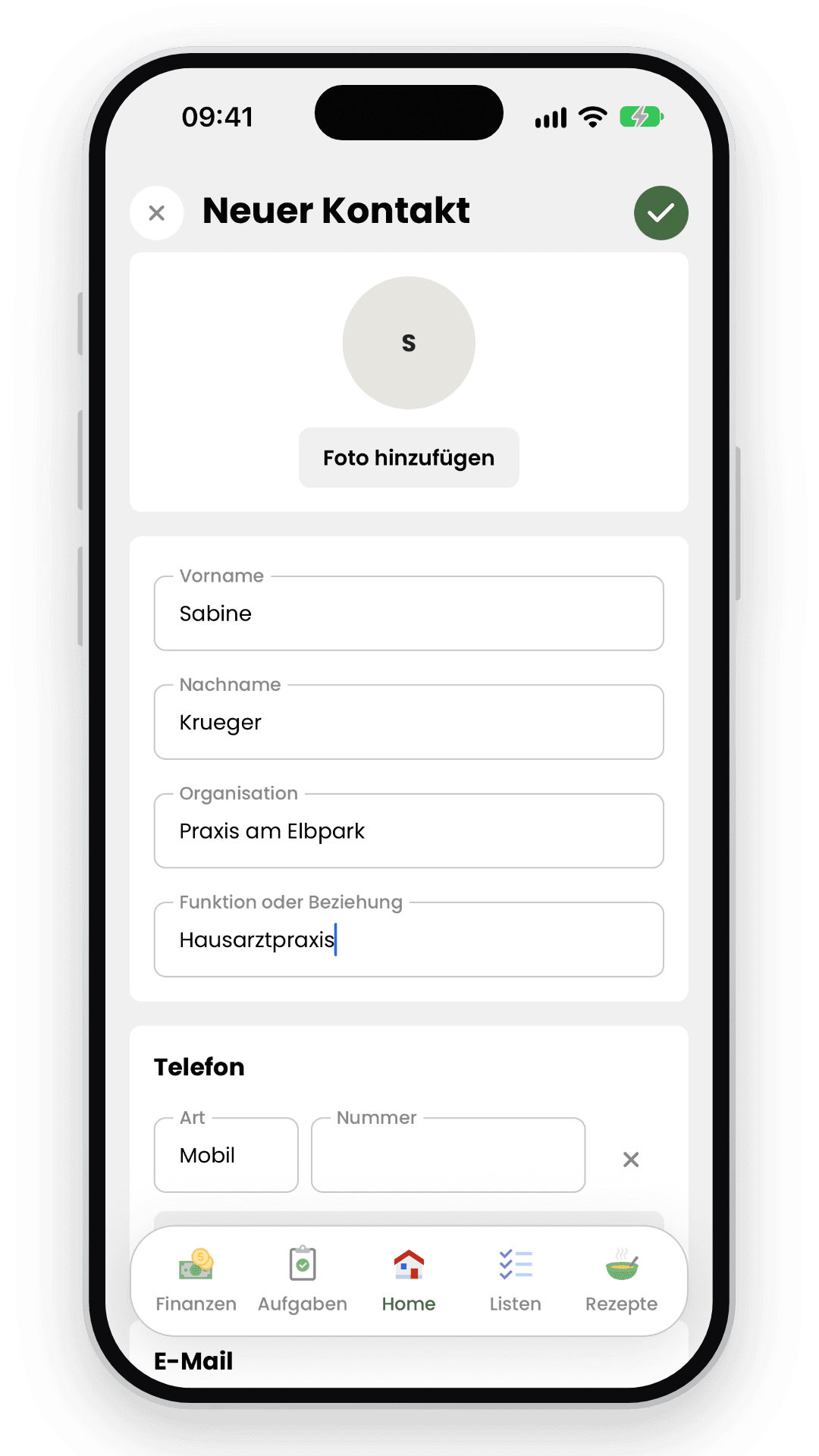 Livo-Formular zum Anlegen eines gemeinsamen Kontakts