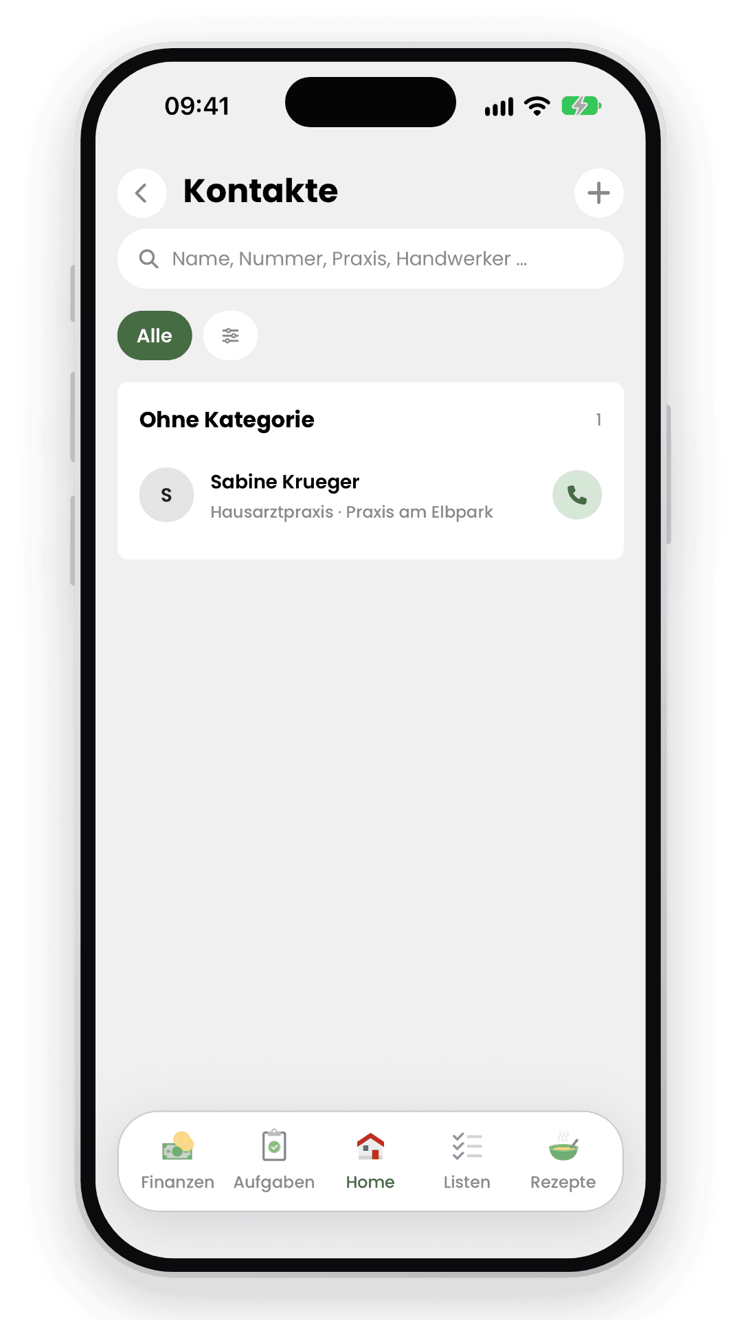 Livo-Adressbuch mit kategorisierten Kontakten und Anruf-Schaltfläche