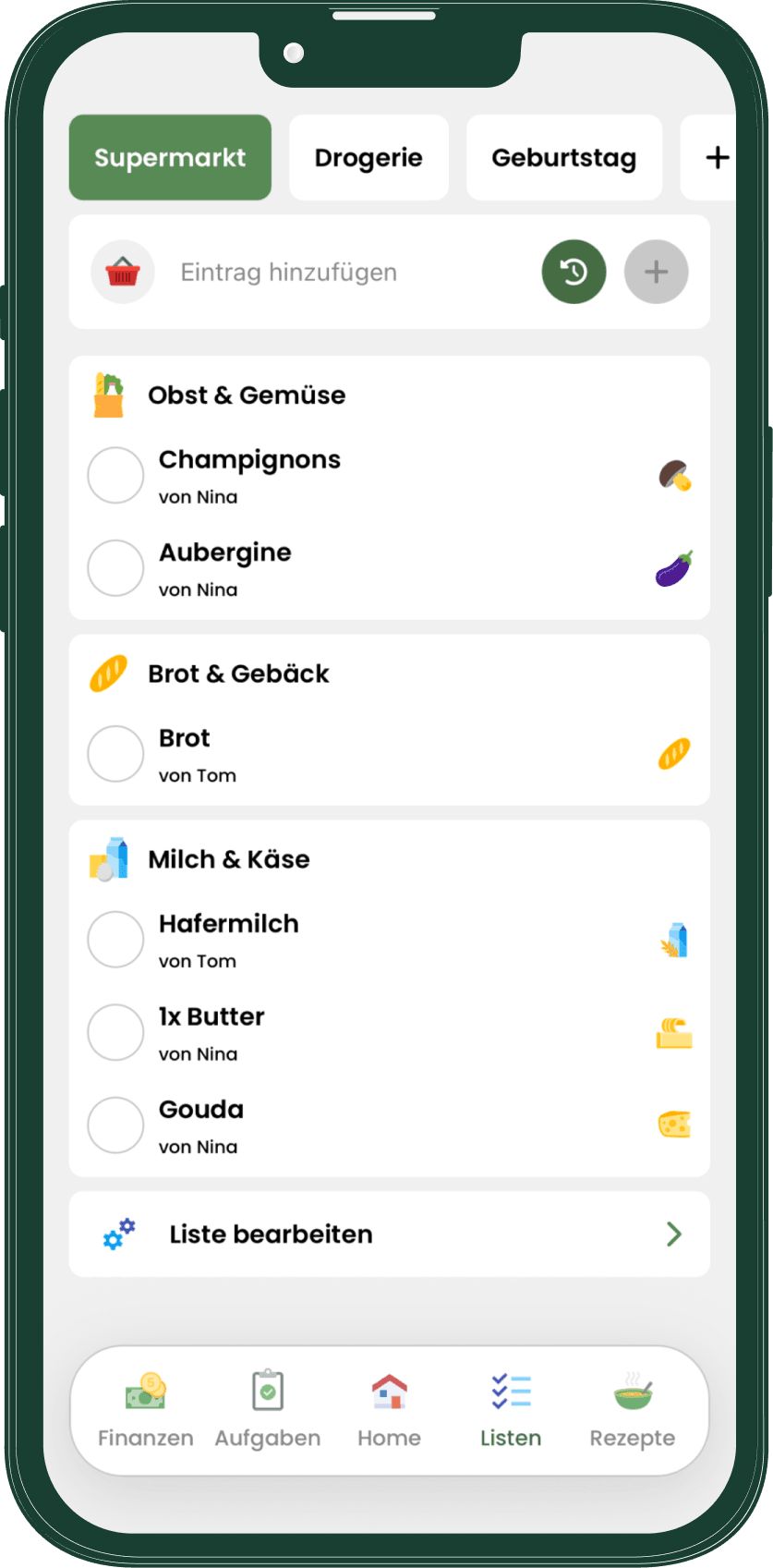 Livo Einkaufsliste mit mehreren Listenkategorien