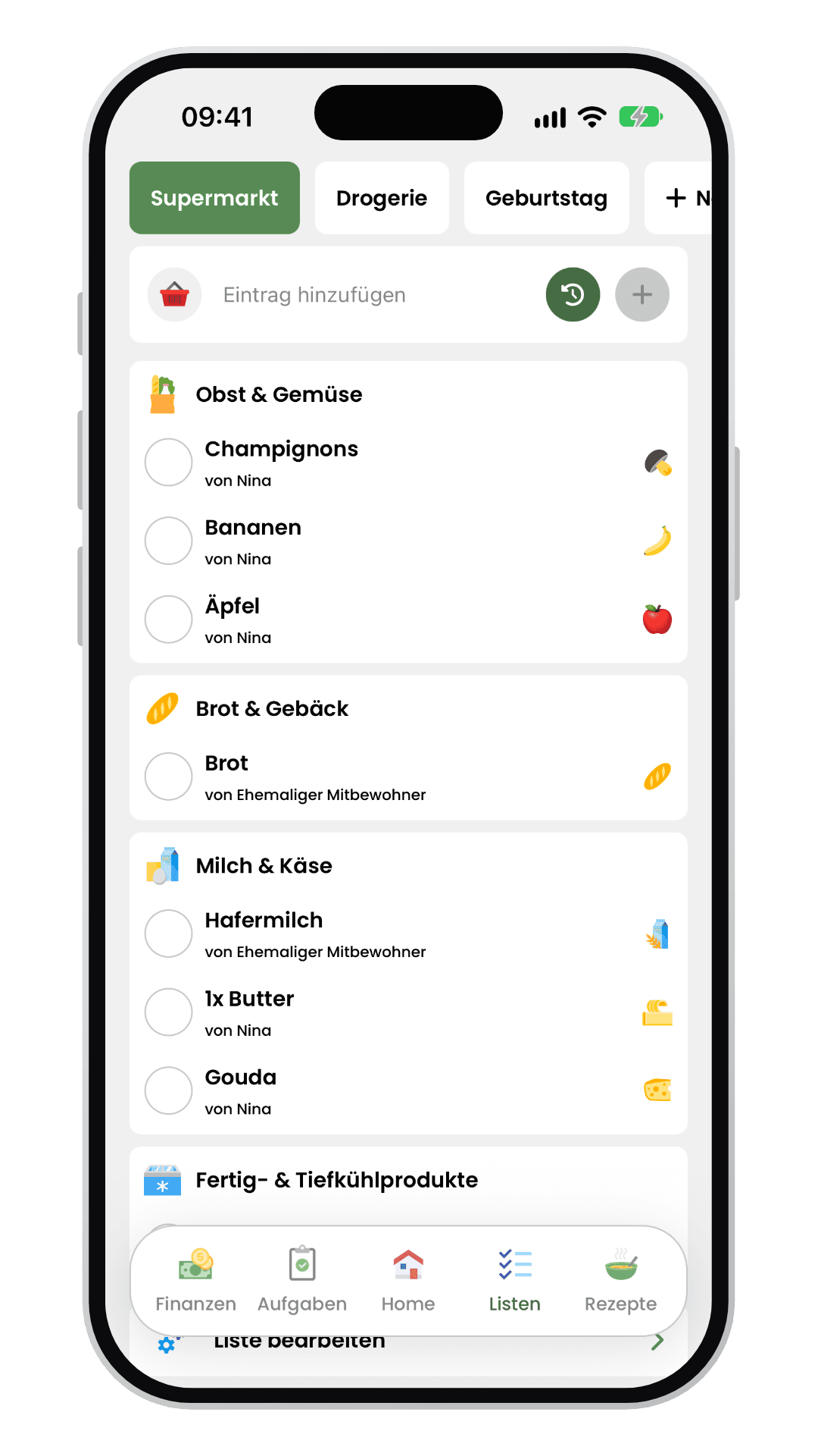 Gemeinsame Livo-Einkaufsliste mit Lebensmitteln nach Kategorien