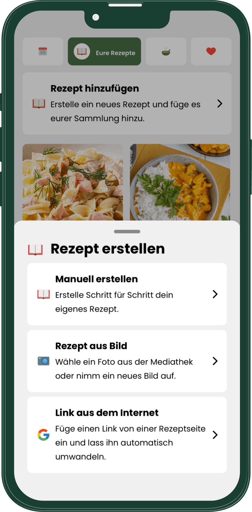 Livo Rezeptimport mit manueller, bildbasierter und internetbasierter Erstellung