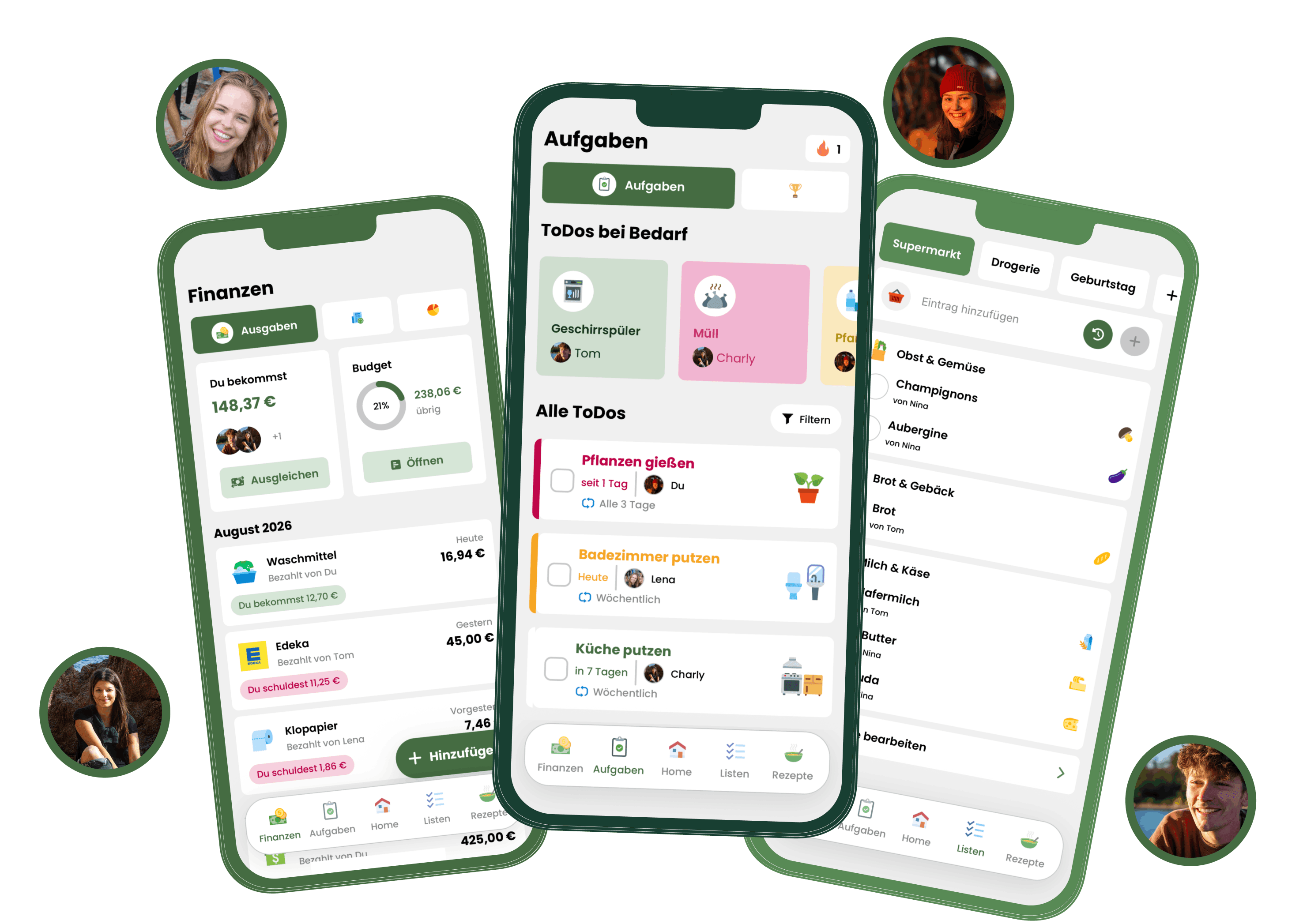 Drei Livo-App-Ansichten für Finanzen, Aufgaben und Einkaufslisten mit Profilbildern