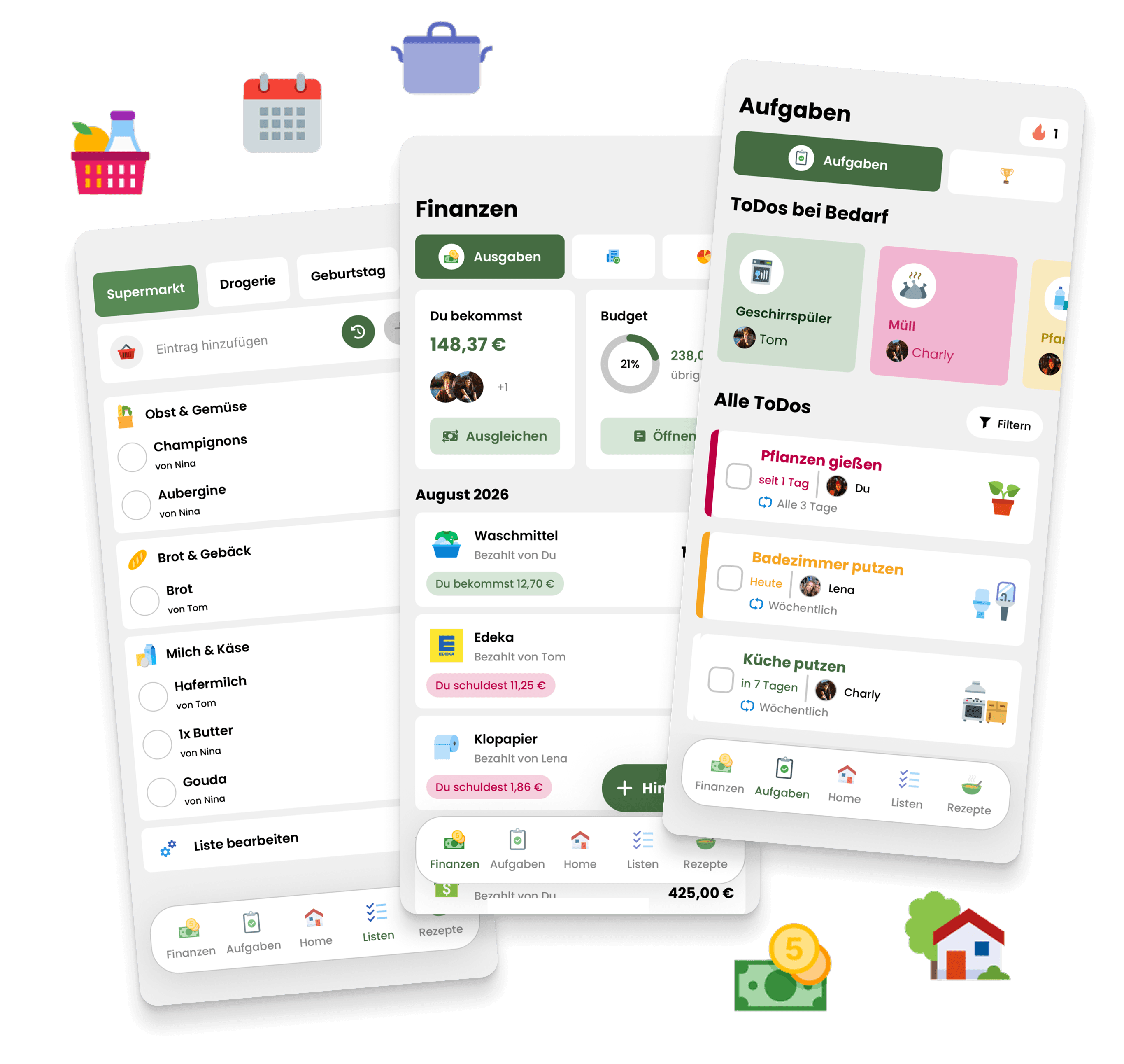 Drei überlagerte Livo-App-Ansichten für Einkaufslisten, Finanzen und Aufgaben