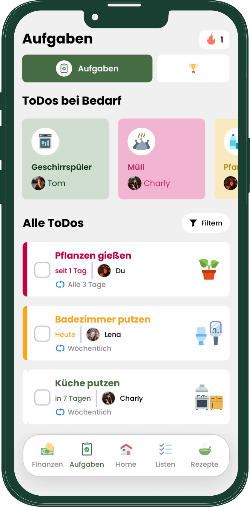 Livo Aufgabenansicht mit flexiblen ToDos und wiederkehrenden Aufgaben