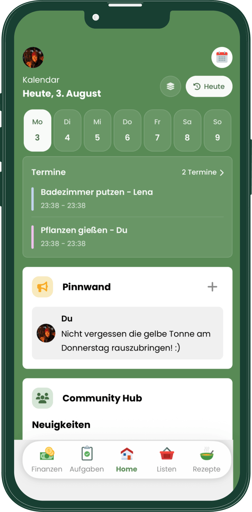 Livo Homescreen mit Kalender, Pinnwand und Community Hub
