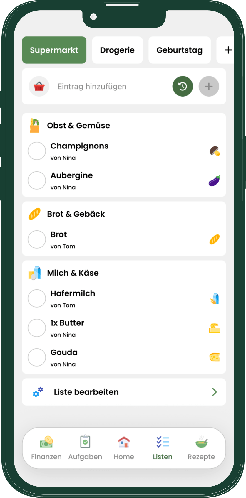 Livo Einkaufsliste mit mehreren Listenkategorien