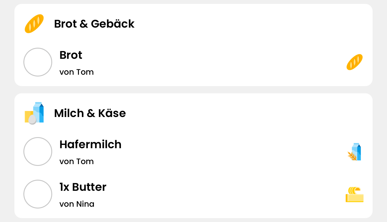 Gemeinsame Einkaufsliste mit Getreideprodukten sowie Milch und Käse