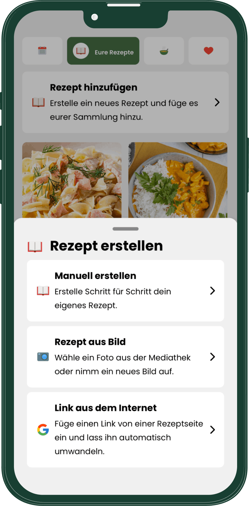Livo Rezeptimport mit manueller, bildbasierter und internetbasierter Erstellung
