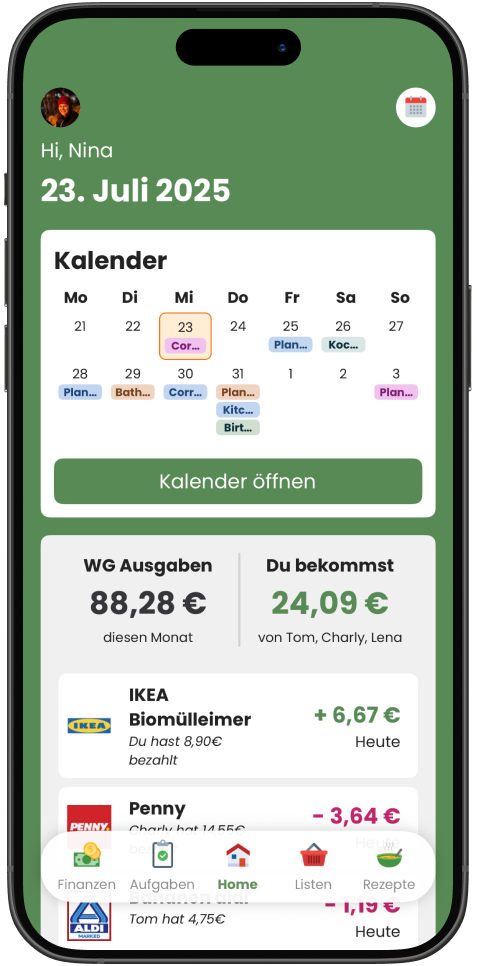 Livo Home-Dashboard mit Kalender und Ausgabenübersicht