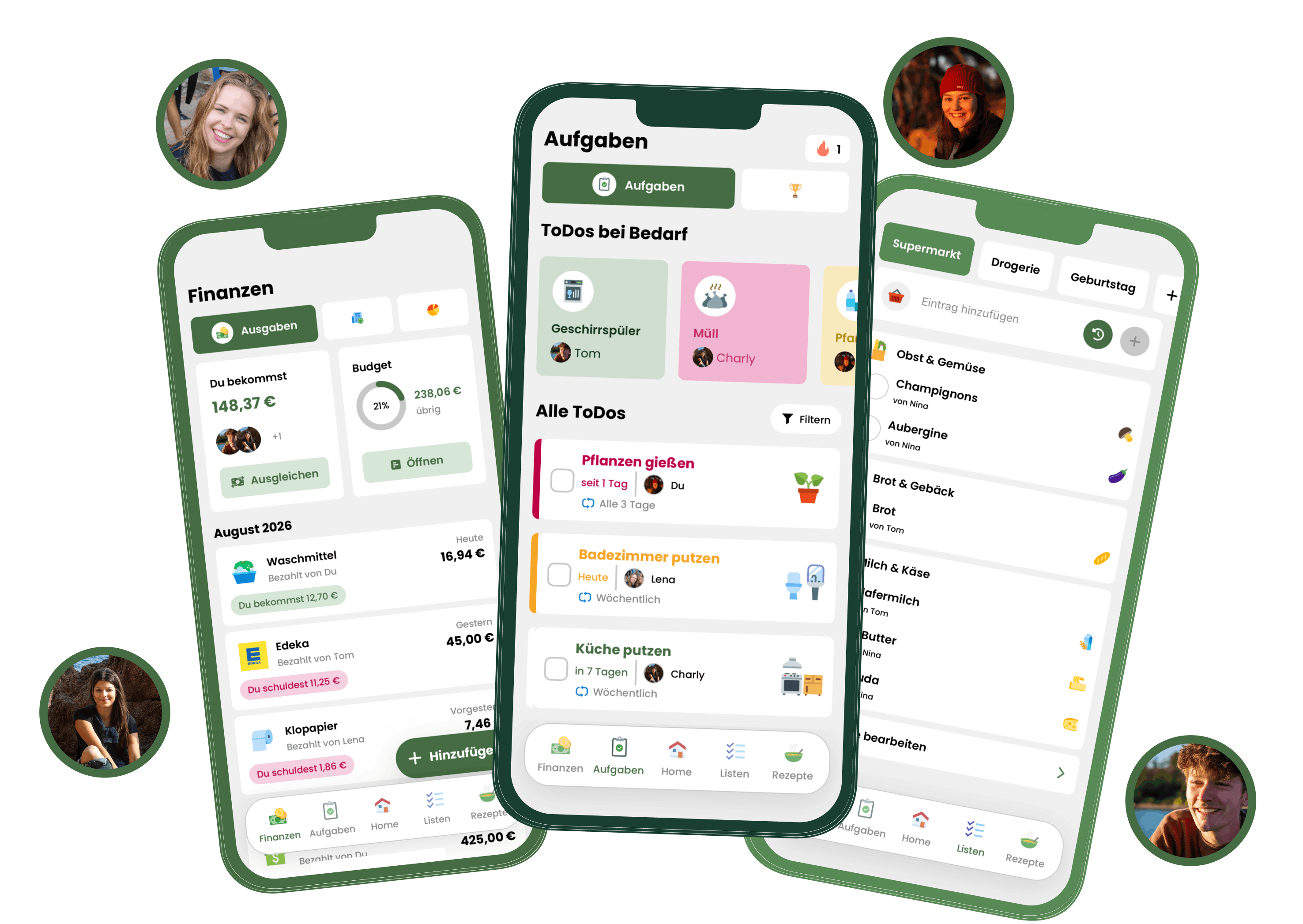 Drei Livo-App-Ansichten für Finanzen, Aufgaben und Einkaufslisten mit Profilbildern