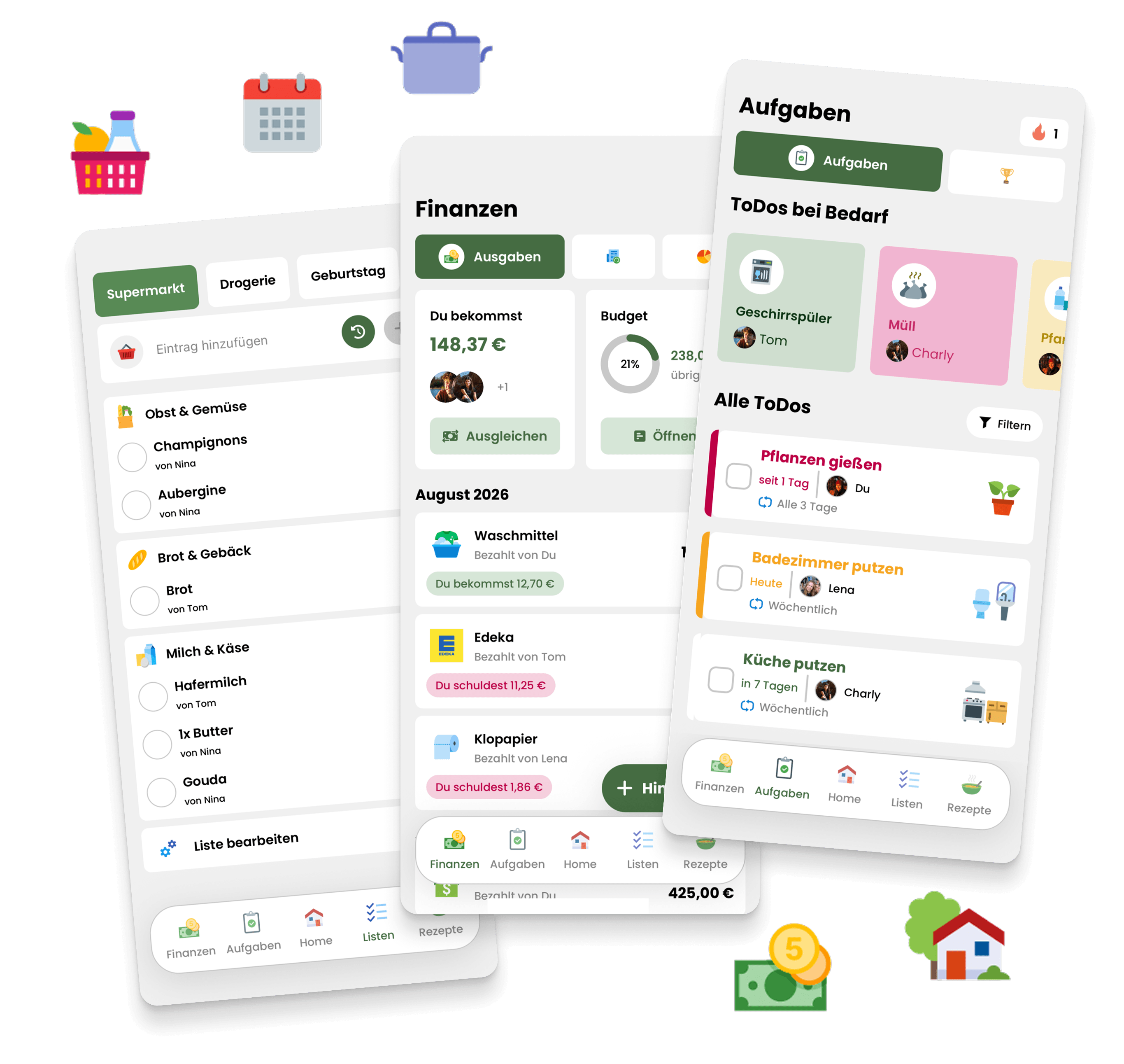 Drei überlagerte Livo-App-Ansichten für Einkaufslisten, Finanzen und Aufgaben