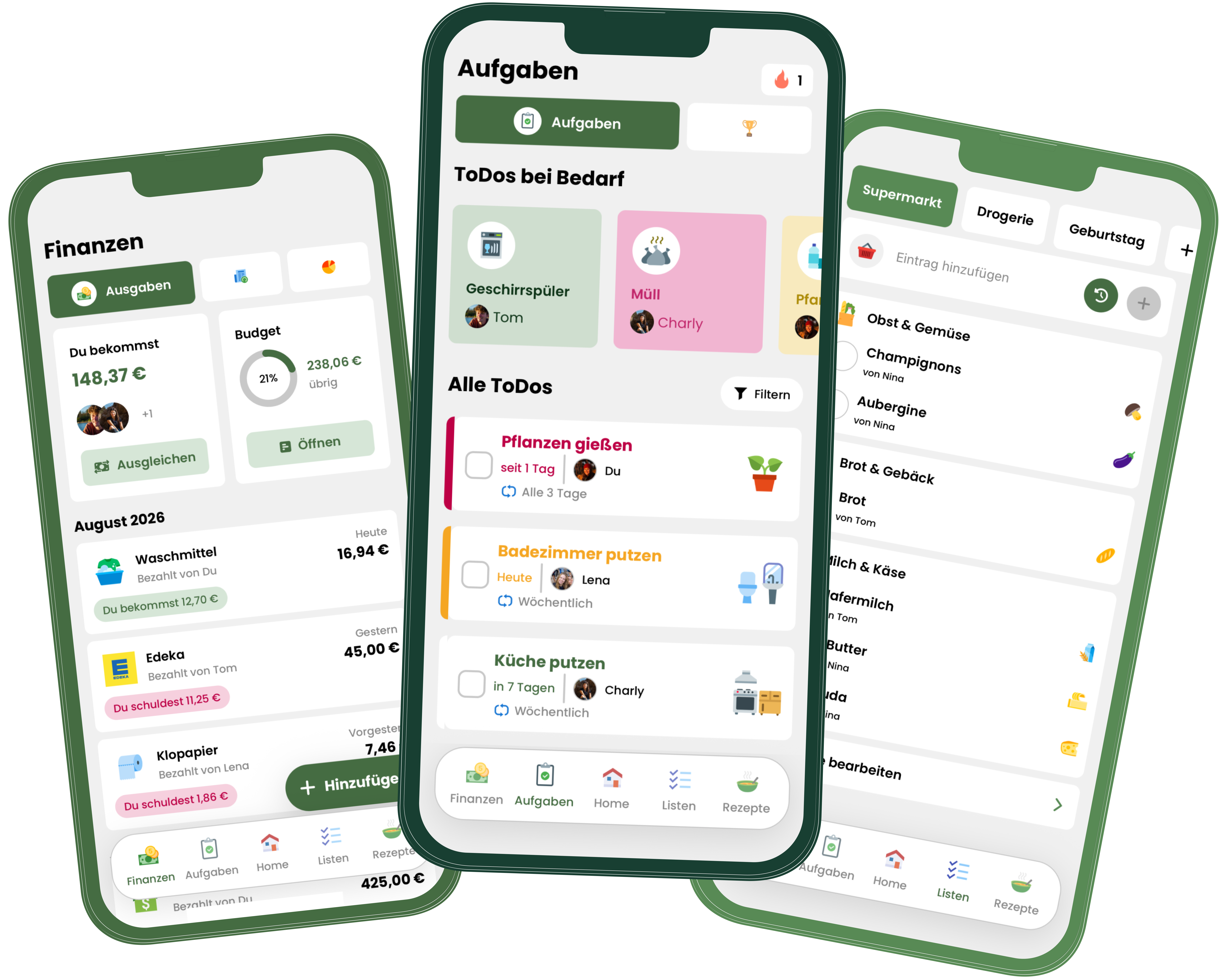 Drei Livo App-Ansichten für Finanzen, Aufgaben und Einkaufslisten